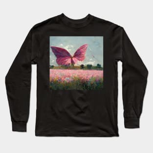 Pink Butterfly with Flowers Long Sleeve T-Shirt